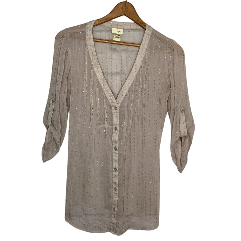 Daytrip Buckle Small S‎ Beige Embellished Beaded Pintuck Roll-tab Button Blouse